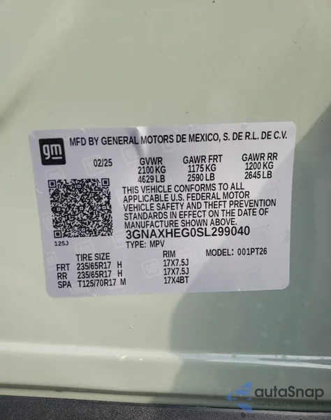 2025 Chevrolet Equinox Lt из США, поврежденный, VIN 3GNAXHEG0SL299040